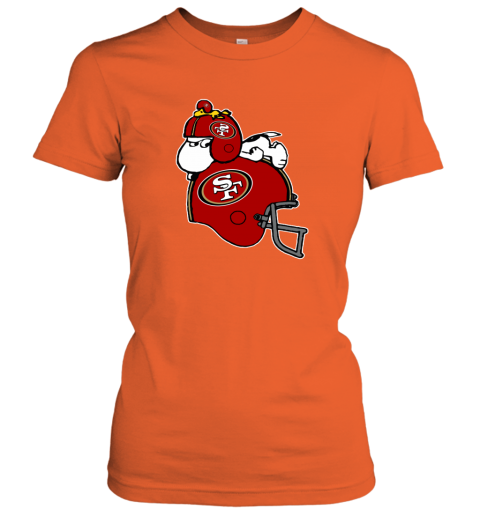 two7 snoopy and woodstock resting on san francisco 49ers helmet ladies t shirt 20 front orange