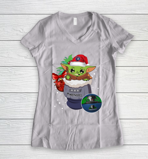 Minnesota Timberwolves Christmas Baby Yoda Star Wars Funny Happy NBA Women's V-Neck T-Shirt 2