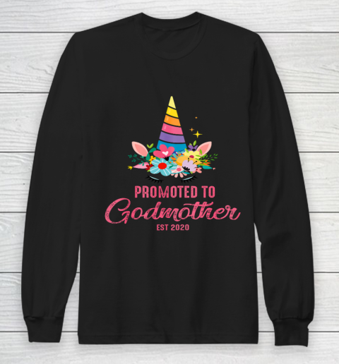 Womens Promoted To Godmother 2020 Costume Unicorn Baby Shower Gift Long Sleeve T-Shirt