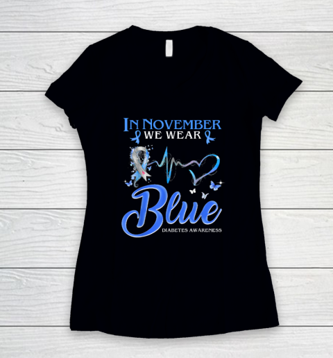 In November We Wear Blue Heartbeat Diabetes Awareness Women's V-Neck T-Shirt
