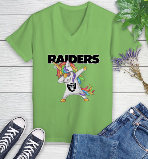 Oakland Raiders NFL Football Funny Unicorn Dabbing Sports Women's V-Neck T-Shirt 11