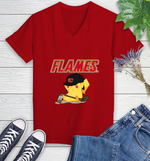 NHL Pikachu Hockey Sports Calgary Flames Women's V-Neck T-Shirt 12