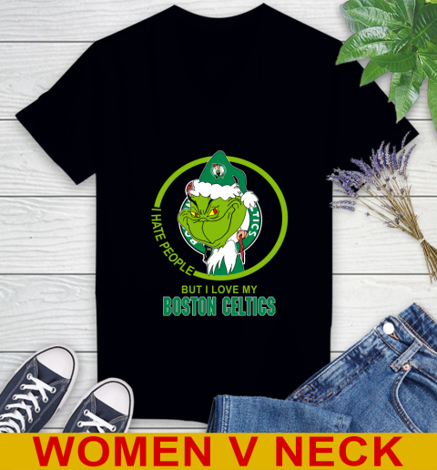 Boston Celtics NBA Christmas Grinch I Hate People But I Love My Favorite Basketball Team Women's V-Neck T-Shirt 2