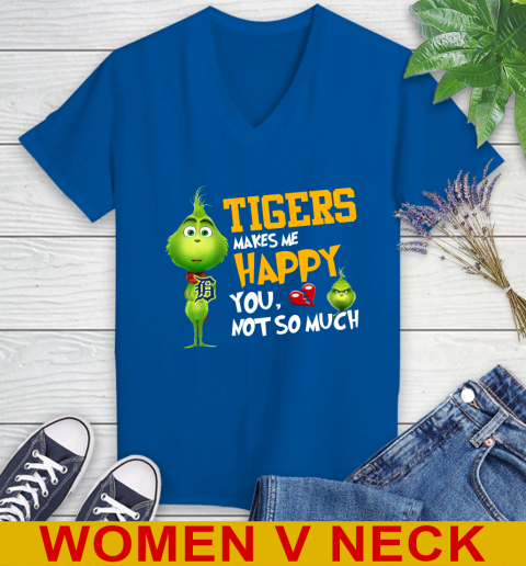 MLB Detroit Tigers Makes Me Happy You Not So Much Grinch Baseball Sports Women's V-Neck T-Shirt 9