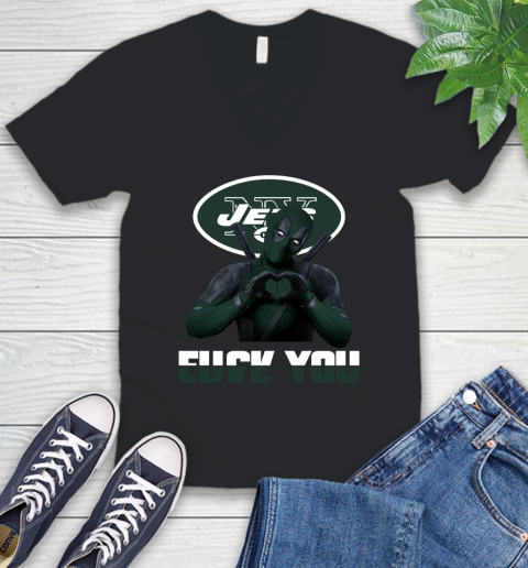 NHL New York Jets Deadpool Love You Fuck You Football Sports V-Neck T-Shirt