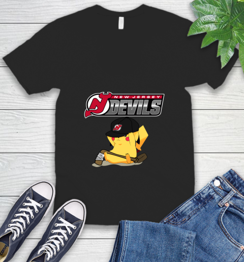 NHL Pikachu Hockey Sports New Jersey Devils V-Neck T-Shirt 2