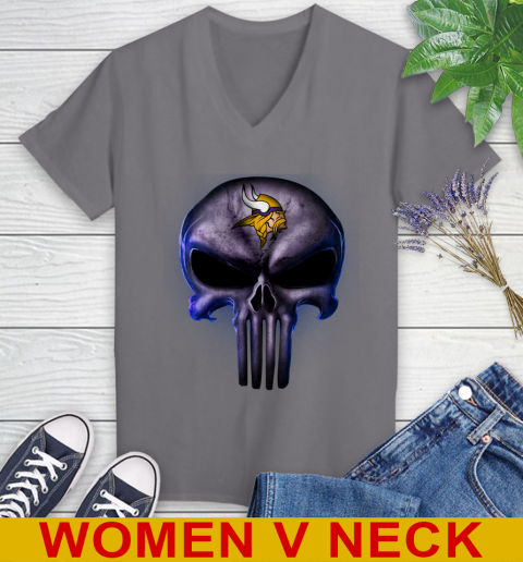Minnesota Vikings NFL Football Punisher Skull Sports Women's V-Neck T-Shirt 11
