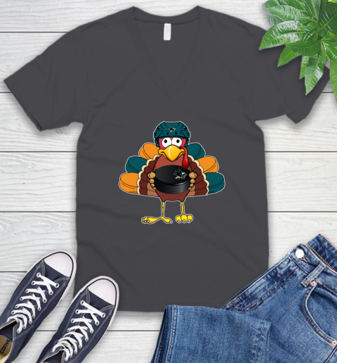San Jose Sharks Turkey Thanksgiving Day V-Neck T-Shirt 5