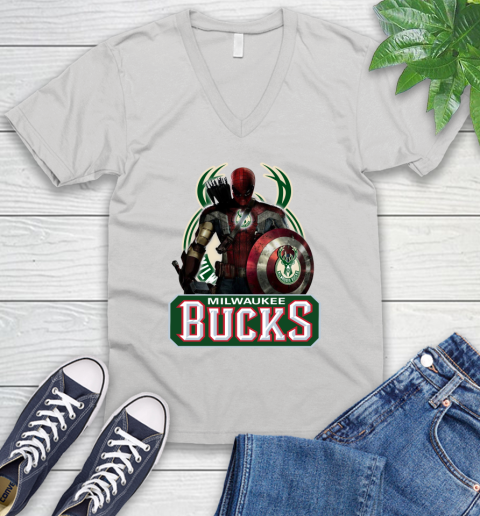 Milwaukee Bucks NBA Basketball Captain America Thor Spider Man Hawkeye Avengers V-Neck T-Shirt