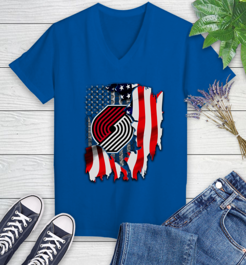 Portland Trail Blazers NBA Basketball American Flag Women's V-Neck T-Shirt 10