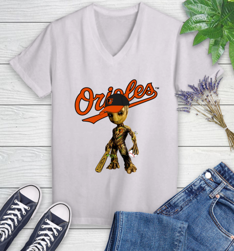 MLB Baltimore Orioles Groot Guardians Of The Galaxy Baseball Women's V-Neck T-Shirt