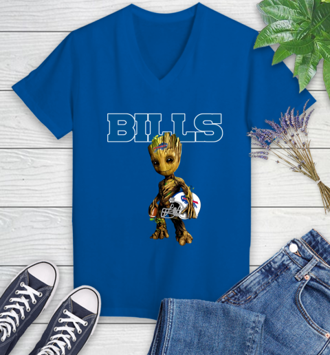 Buffalo Bills NFL Football Groot Marvel Guardians Of The Galaxy Women's V-Neck T-Shirt 10
