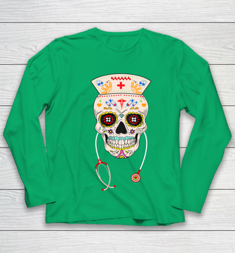 Nurse Sugar Skull Shirt Halloween Day Of The Dead Dia De Los Youth Long Sleeve 4