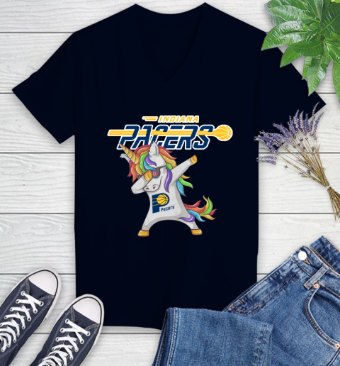 Indiana Pacers NBA Basketball Funny Unicorn Dabbing Sports Women's V-Neck T-Shirt 3