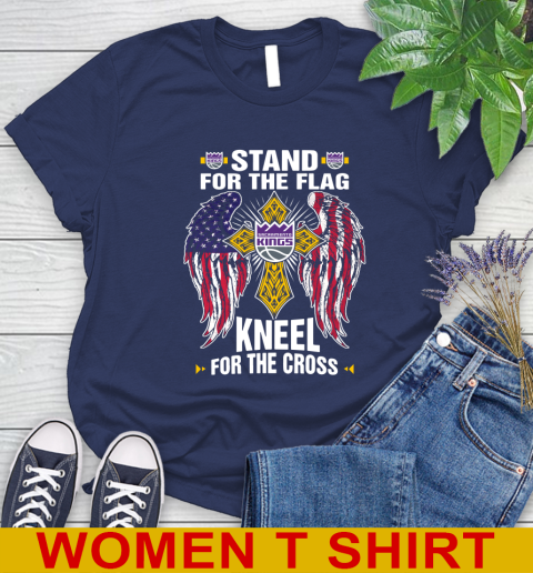 NBA Basketball Sacramento Kings Stand For Flag Kneel For The Cross Shirt Women's T-Shirt - Image 13
