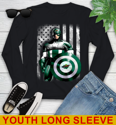 Minnesota Wild NHL Hockey Captain America Marvel Avengers American Flag Shirt Youth Long Sleeve