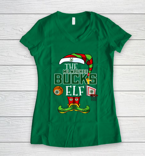 Milwaukee Bucks Christmas ELF Funny NBA Women's V-Neck T-Shirt 3