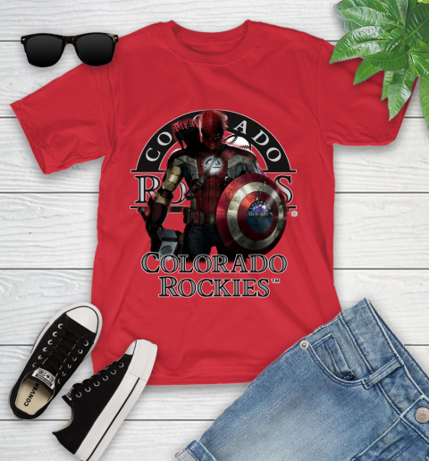 MLB Captain America Thor Spider Man Hawkeye Avengers Endgame Baseball Colorado Rockies Youth T-Shirt 10