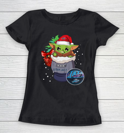Utah Jazz Christmas Baby Yoda Star Wars Funny Happy NBA Women's T-Shirt 2