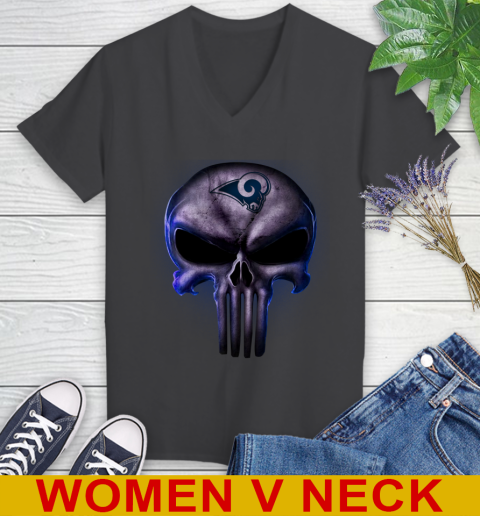 Los Angeles Rams NFL Football Punisher Skull Sports Women's V-Neck T-Shirt 9 Los Angeles Rams NFL Football Punisher Skull Sports Women's V-Neck T-Shirt - Image 9