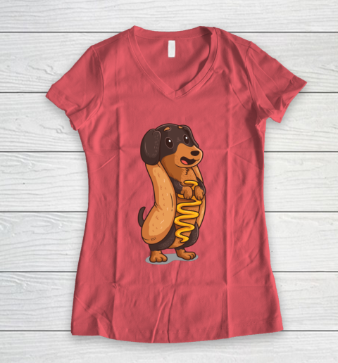Wiener Dog Hotdog Bun Dachshund Funny Foodie Gift Hot Dog Women's V-Neck T-Shirt 3