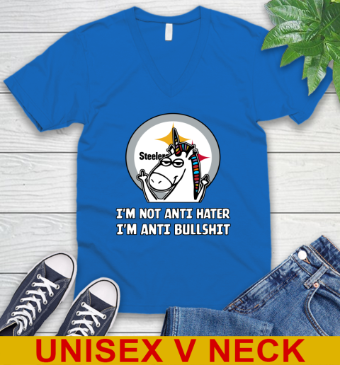 Pittsburgh Steelers NFL Football Unicorn I'm Not Anti Hater I'm Anti Bullshit V-Neck T-Shirt 6