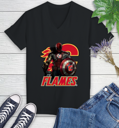 NHL Captain America Thor Spider Man Hawkeye Avengers Endgame Hockey Calgary Flames Women's V-Neck T-Shirt 2