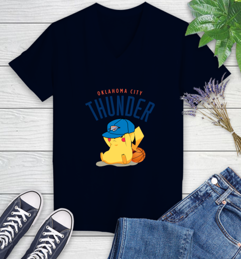 NBA Pikachu Basketball Sports Oklahoma City Thunder Women's V-Neck T-Shirt 3