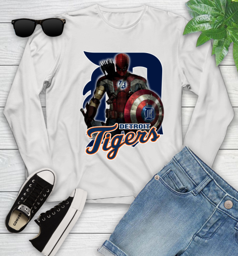 MLB Captain America Thor Spider Man Hawkeye Avengers Endgame Baseball Detroit Tigers Youth Long Sleeve