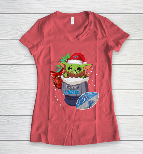 Detroit Lions Christmas Baby Yoda Star Wars Funny Happy NFL Women's V-Neck T-Shirt 6