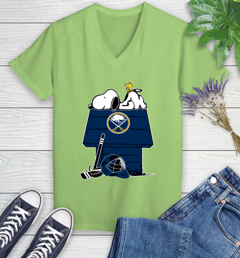 Buffalo Sabres NHL Hockey Snoopy Woodstock The Peanuts Movie Women's V-Neck T-Shirt 11