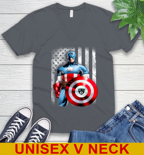 Brooklyn Nets NBA Basketball Captain America Marvel Avengers American Flag Shirt V-Neck T-Shirt 4
