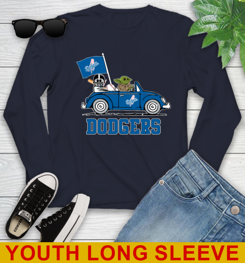 MLB Baseball Los Angeles Dodgers Darth Vader Baby Yoda Driving Star Wars Shirt Youth Long Sleeve - Image 4