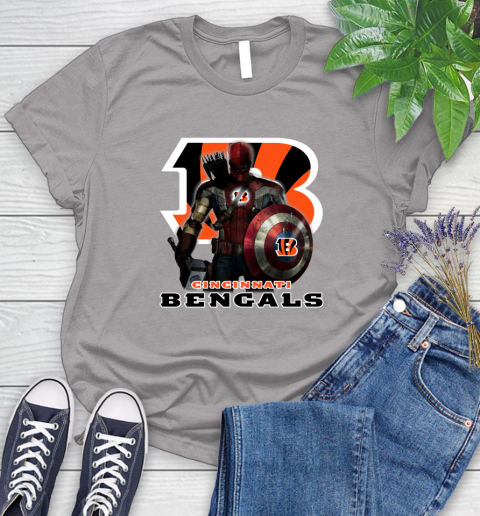 NFL Captain America Thor Spider Man Hawkeye Avengers Endgame Football Cincinnati Bengals Women's T-Shirt 5