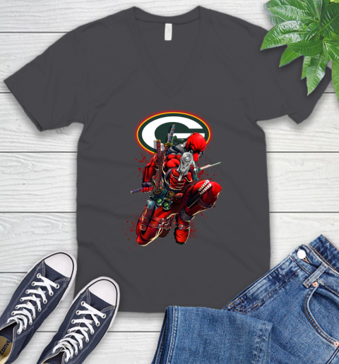 NFL Deadpool Marvel Comics Sports Football Green Bay Packers V-Neck T-Shirt 5