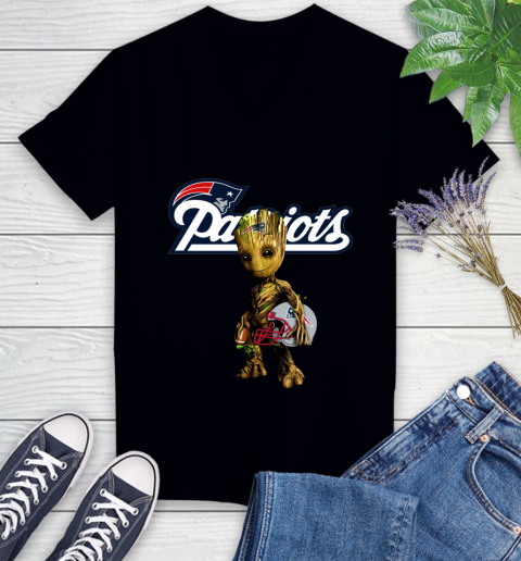 New England Patriots NFL Football Groot Marvel Guardians Of The Galaxy Women's V-Neck T-Shirt 2