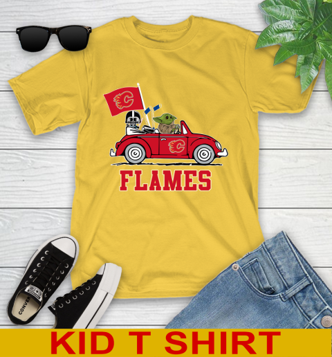NHL Hockey Calgary Flames Darth Vader Baby Yoda Driving Star Wars Shirt Youth T-Shirt 8