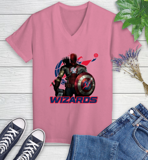 Washington Wizards NBA Basketball Captain America Thor Spider Man Hawkeye Avengers Women's V-Neck T-Shirt 13