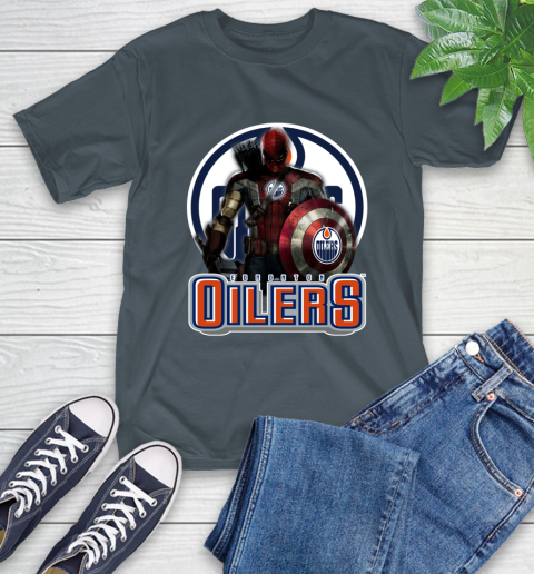 NHL Captain America Thor Spider Man Hawkeye Avengers Endgame Hockey Edmonton Oilers T-Shirt 9