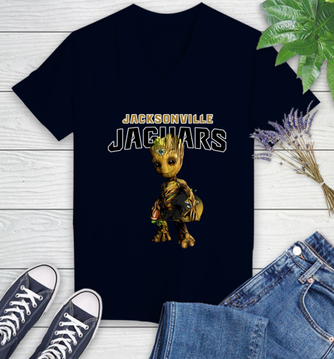 Jacksonville Jaguars NFL Football Groot Marvel Guardians Of The Galaxy Women's V-Neck T-Shirt 3
