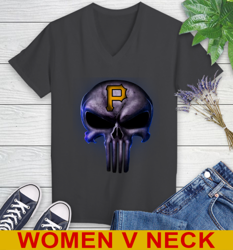 Pittsburgh Pirates MLB Baseball Punisher Skull Sports Women's V-Neck T-Shirt 8