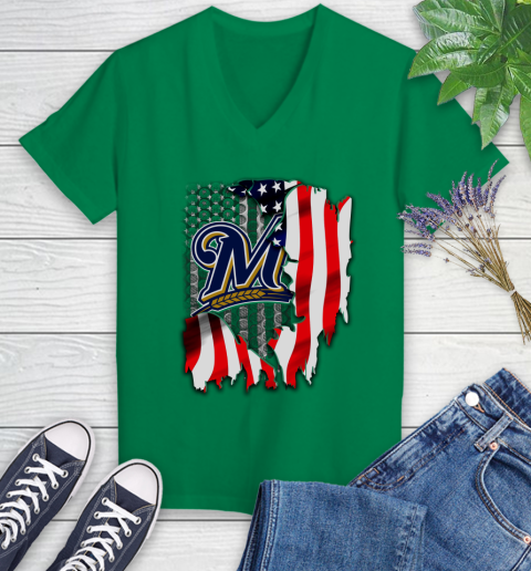 Milwaukee Brewers MLB Baseball American Flag Women's V-Neck T-Shirt 5