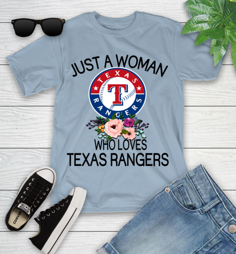 MLB Just A Woman Who Loves Texas Rangers Baseball Sports Youth T-Shirt 6