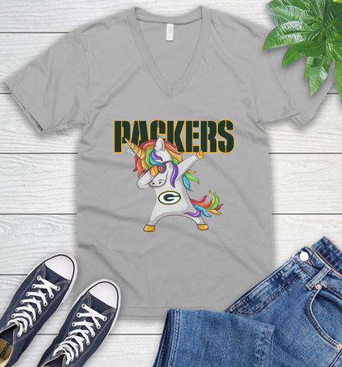 Green Bay Packers NFL Football Funny Unicorn Dabbing Sports V-Neck T-Shirt 4