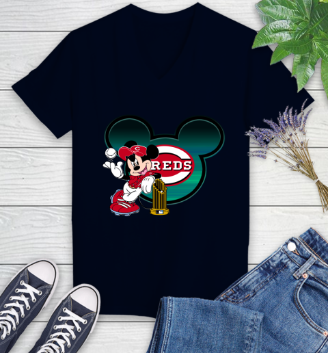 MLB Cincinnati Reds The Commissioner's Trophy Mickey Mouse Disney Women's V-Neck T-Shirt 3