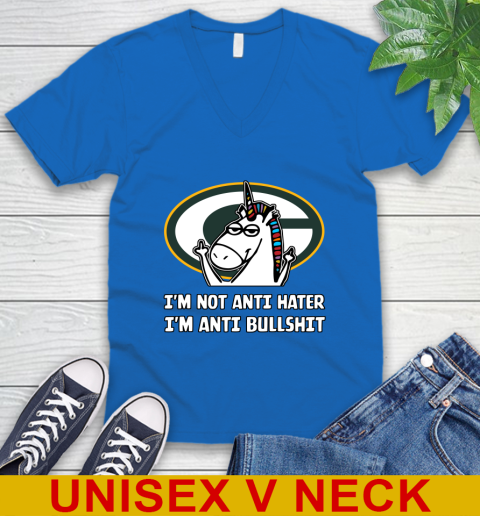 Green Bay Packers NFL Football Unicorn I'm Not Anti Hater I'm Anti Bullshit V-Neck T-Shirt 6