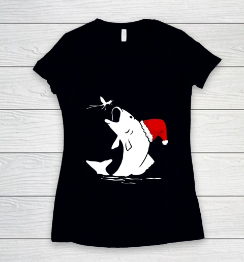 Bass Fishing Santa Hat Christmas Pajama Tshirt For Fishermen Women's V-Neck T-Shirt