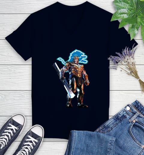 NFL Thanos Gauntlet Avengers Endgame Football Detroit Lions Women's V-Neck T-Shirt 3