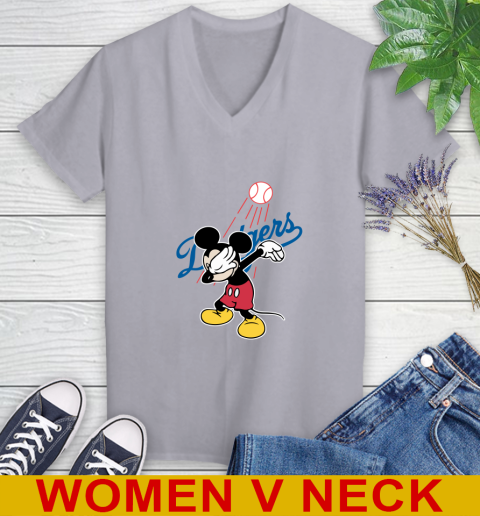 Los Angeles Dodgers MLB Baseball Dabbing Mickey Disney Sports Women's V-Neck T-Shirt 5