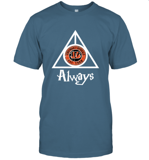 Always Love The Cincinnati Bengals x Harry Potter Mashup NFL omtx always love the cincinnati bengals x harry potter classic t shirt 2 front indigo blue